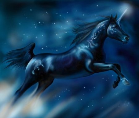 Рисунок скачущего вороного единорога