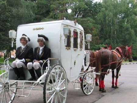 Фото экипажа, запряженного двумя лошадьми рыжей масти