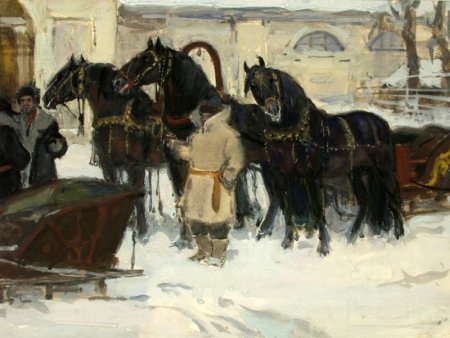 Сани, запряженные тройкой лошадей, на фоне строений Хреновского конного завода