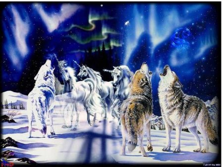 Изображение единорогов и волков