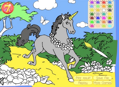 Раскраска  Единорог на поляне. Онлайн игра про лошадей